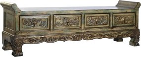 Banchetă orientală sculptată din lemn de ulm, finisaj antichizat multicolor, 4 sertare, 179 x 43 x 58 cm, „Ming"