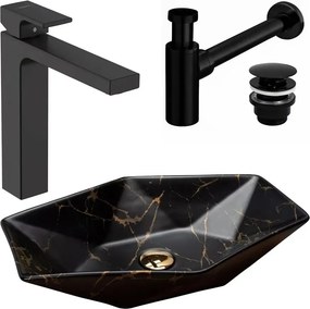 Pachet lavoar Rea Vegas negru, baterie lavoar Hansgrohe Vernis Shape 190 negru mat si ventil lavoar universal negru