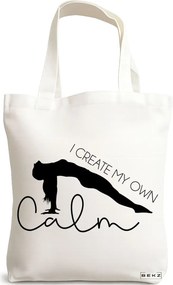 Sacosa de Panza pentru Cumparaturi, Geanta Tote Yoga I create my own calm, 38x34.5 cm, Alba, BEKZ®