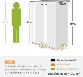 Outsunny Căsuță de Grădină 1.07m² din Oțel Zincat, Adăpost pentru Unelte cu Ușă Blocabilă, Acoperiș Înclinat, 142x86x189 cm, Gri Închis | Aosom Romania