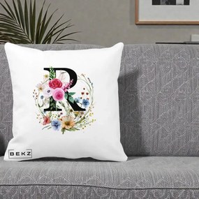Cadou Personalizat - Perna Personalizata Monogram Litera R cu Flori Acuarela, 40x40 cm, Alba Mata, Husa Detasabila, Perna Inclusa, BEKZ®