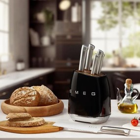 Set de cuțite cu suport SMEG KBSF02BL, 7 piese, Manere din lemn de salcam, Otel inoxidabil german, Negru
