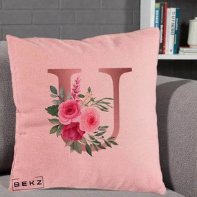 Cadou Personalizat - Perna Personalizata Monograma Rose Gold Litera U, 40x40 cm, Roz, Husa Detasabila, Perna Inclusa, BEKZ®
