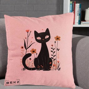 Perna Decorativa Pisica Neagra Flori Pastel Folk, 40x40 cm, Roz, Husa Detasabila, Perna Inclusa, BEKZ®