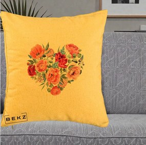 Perna Decorativa Inima din Bujori Acuarela, 40x40 cm, Galben, Husa Detasabila, Perna Inclusa, BEKZ®