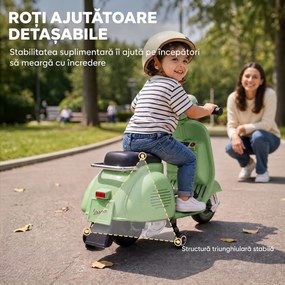 AIYAPLAY Motocicletă Electrică pentru Copii 3+ Ani, Licență VESPA, 6V, cu Roți Ajutătoare Detașabile, Max. 30 kg, Verde | Aosom Romania