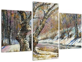 Tablou cu peisaj de iarnă pictat (90x60 cm)