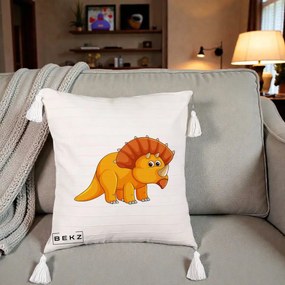 Perna Decorativa Triceratops Portocaliu, 40x40 cm, Bej cu Franjuri, Husa Detasabila, Perna Inclusa, BEKZ®
