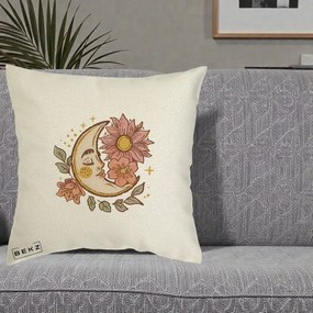 Perna Personalizata Luna Boho Chip Floral, 40x40 cm, Ecru, Husa Detasabila, Perna Inclusa, BEKZ®