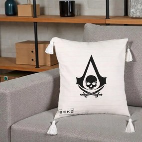 Perna Personalizata Assassin's Creed Black Flag Skull, 40x40 cm, Bej cu Franjuri, Husa Detasabila, Perna Inclusa, BEKZ®