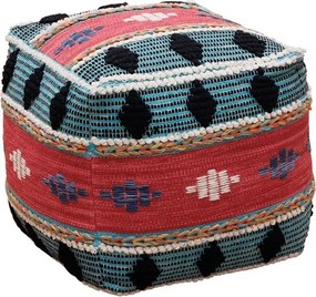 Puf etnic cubic din bumbac, multicolor, cu bucle și romburi în relief, 50 x 50 x 50 cm, „Mariachi”