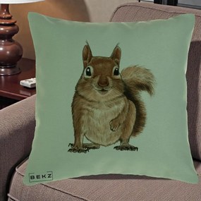 Perna Decorativa Veverita Acuarela, 40x40 cm, Verde, Husa Detasabila, Perna Inclusa, BEKZ®