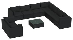 Set mobilier de gradina cu perne, 10 piese, negru, poliratan Negru, 5x colt + 4x mijloc + masa, 1
