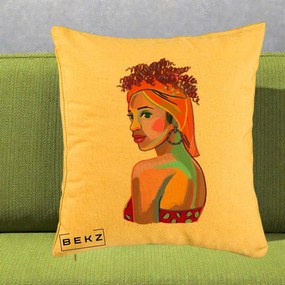 Perna Decorativa Portret Femeie Colorat Pop Art, 40x40 cm, Galben, Husa Detasabila, Perna Inclusa, BEKZ®
