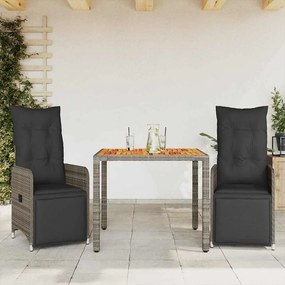 vidaXL Set bistro de grădină cu perne, 3 piese, gri, poliratan