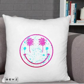 Perna Decorativa Smiley Face Tropical Glitter Roz, 40x40 cm, Alb Pufos, Husa Detasabila, Perna Inclusa, BEKZ®