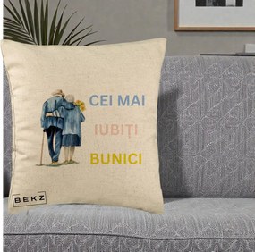 Cadou pentru Bunici - Perna Personalizata Cei Mai Iubiti Bunici Acuarela Spate, 40x40 cm, Bej, Husa Detasabila, Perna Inclusa, BEKZ®