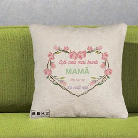 Cadou pentru Mama - Perna Personalizata Esti Cea mai Buna Mama din Lume La Multi Ani cu Inima Florala, 40x40 cm, Bej Canapea, Husa Detasabila, Perna Inclusa, BEKZ®