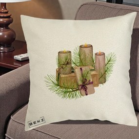 Perna Decorativa Lumanari cu Cadouri Naturale, 40x40 cm, Ecru, Husa Detasabila, Perna Inclusa, BEKZ®