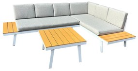 Set mobilier de grădină POLOR (oțel alb + stejar + gri deschis) (pentru 4-6 persoane). 1091741