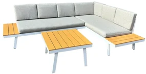 Set mobilier de grădină POLOR (oțel alb + stejar + gri deschis) (pentru 4-6 persoane). 1091741