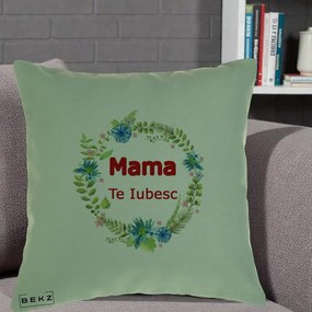 Cadou pentru Mama - Perna Personalizata Mama Te Iubesc Flori Albastre, 40x40 cm, Verde, Husa Detasabila, Perna Inclusa, BEKZ®