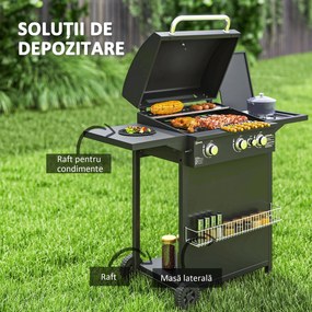 Outsunny Grătar pe Gaz cu Arzătoare Independente 3+1, Capac, Termometru și Măsuță Laterală, 123x57x98 cm, Negru | Aosom Romania