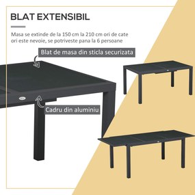 Outsunny Set de 7 Piese de Grădină din Aluminiu cu Masă Extensibilă și 6 Scaune cu Șezut din Plasă Respirabilă, 210x90x75 cm, Gri | Aosom Romania