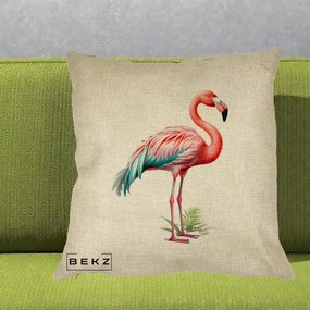 Perna Decorativa Flamingo Roz cu Pene Teal, 40x40 cm, Crem, Husa Detasabila, Perna Inclusa, BEKZ®
