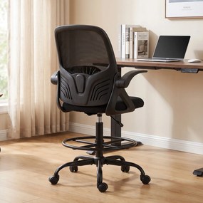 HOMCOM Scaun de Birou Ergonomic din Plasă, cu Suport Lombar și Suport pentru Picioare Reglabil, Cotiere Rabatabile, Negru | Aosom Romania