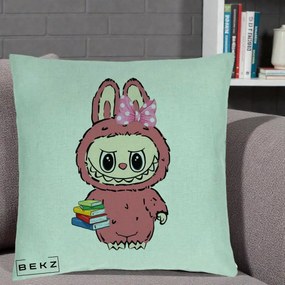 Perna Personalizata Labubu Roz cu Funda si Carti, 40x40 cm, Verde Menta, Husa Detasabila, Perna Inclusa, BEKZ®