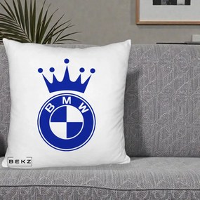 Perna Personalizata cu emblema BMW si Coroana, 40x40 cm, Alb Pufos, Husa Detasabila, Perna Inclusa, BEKZ®