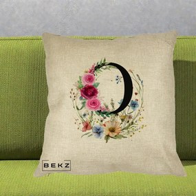 Cadou Personalizat - Perna Personalizata Monogram Litera O cu Flori Acuarela, 40x40 cm, Crem, Husa Detasabila, Perna Inclusa, BEKZ®