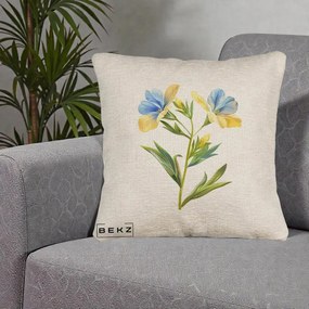 Perna Decorativa Botanica Frezie Galbena si Albastra, 40x40 cm, Bej Canapea, Husa Detasabila, Perna Inclusa, BEKZ®