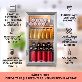 Klarstein Beersafe XXL Crystal White, frigider, 80 litri, 3 rafturi, ușă panoramică din sticlă, oțel inoxidabil