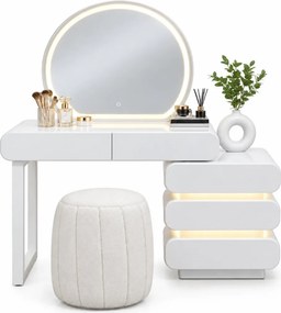 Set ÉLORIA — Masă de Toaletă pentru Machiaj cu Oglindă iluminată LED, 3 culori, Control Touch, Comodă cu sertare iluminate, Taburet, Alb