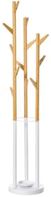 HOMCOM Cuier de podea pentru haine cu suport pentru umbrele si 13 carlige, din metal si bambus, dimensiuni 30.5x30.5x174.5cm, culoare lemn si alb