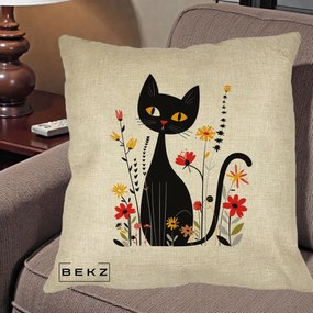 Perna Decorativa Pisica Neagra Ochi Galbeni Flori, 40x40 cm, Crem, Husa Detasabila, Perna Inclusa, BEKZ®
