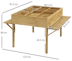 Outsunny Strat de Grădină Înălțat cu 12 Grile, Jardinieră Înălțată din Lemn cu Rafturi Laterale Pliabile, 122x91,5x89 cm, Lemn Natural | Aosom Romania