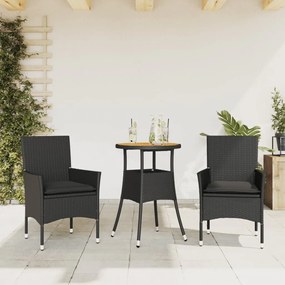 3278729 vidaXL Set mobilier grădină perne 3 piese negru poliratan/lemn acacia