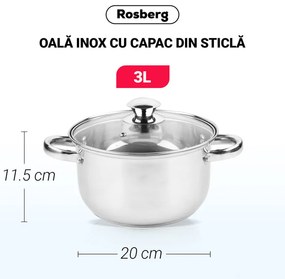 Oala Rosberg R51210O20, 3 L, 20x11.5 cm, Capac din sticla, Inox