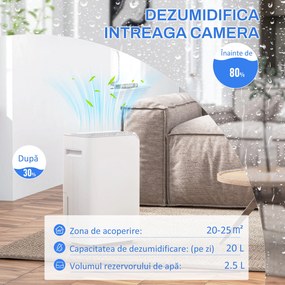 HOMCOM Deumidificator Portabil cu Rezervor de 2,5L, 2 Viteze, Temporizator și Oprire Automată, 32x23x49 cm, Alb | Aosom Romania