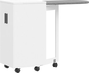 HOMCOM Mobilier pentru Masa de Călcat Pliabil cu Roți, Raft Reglabil și Închidere Soft Close, din Lemn și Material Textil, 128x43x83 cm, Alb | Aosom Romania