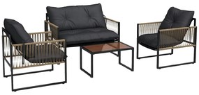 Outsunny Set de Mobilier de Grădină din 4 Piese PE Rattan cu Canapea Dublă, Fotoliu, Măsuță de Cafea din Sticlă, 106x70x72 cm, Gri