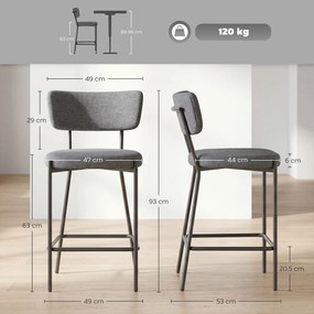 HOMCOM Set 2 scaune de bar, scaune tapițate cu spătar curbat, pentru insulă de bucătărie, zonă de mic dejun, Gri | Aosom Romania