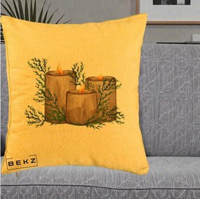Perna Decorativa Lumanari Rustice cu Crengute Brad, 40x40 cm, Galben, Husa Detasabila, Perna Inclusa, BEKZ®