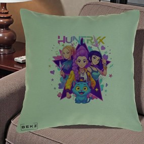 Perna Personalizata K-pop HUNTRX Trio cu Pisica Stele, 40x40 cm, Verde, Husa Detasabila, Perna Inclusa, BEKZ®