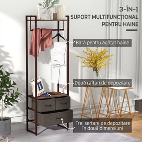 HOMCOM Bara pentru Haine Independenta cu 3 Sertare din Panza si Rafturi de Depozitare, Raft de Imbracaminte, Maro Rustic | Aosom Romania