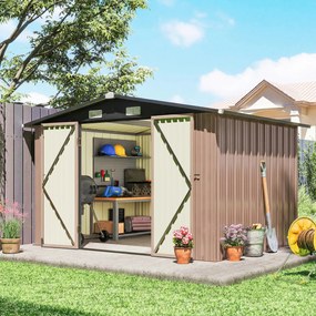 Outsunny Magazie Metalică 305 x 245 cm, Căsuță de Grădină Rezistentă cu 4 Guri de Aerisire și Uși Duble cu Încuietoare, Maro | Aosom Romania