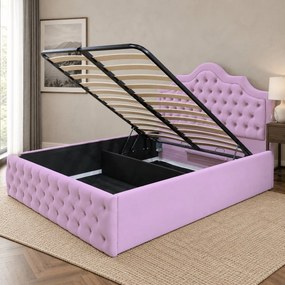 Pat tapițat din catifea Imperio cu nasturi 160×200 cm, lila, cu ladă de depozitare